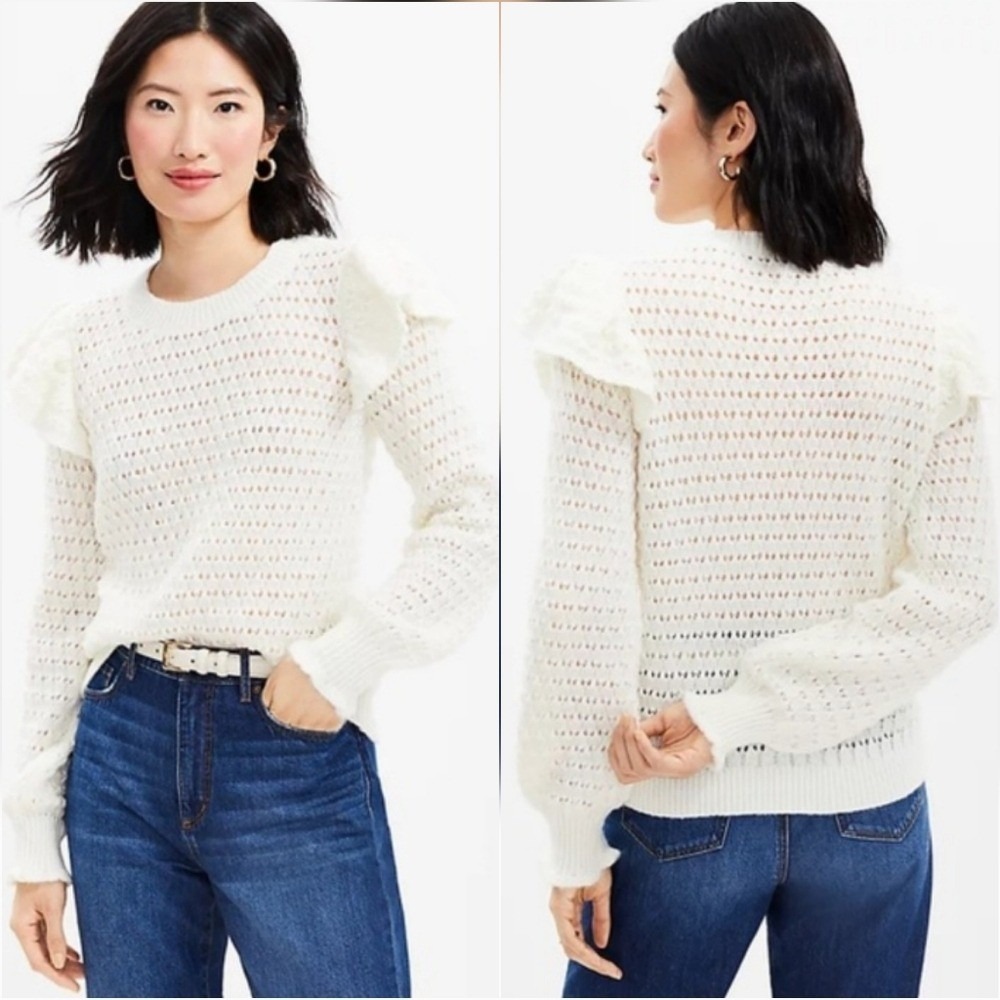 Ann Taylor LOFT Whisper White Shoulder Ruffle Open Knit Sweater SZ Small Preppy